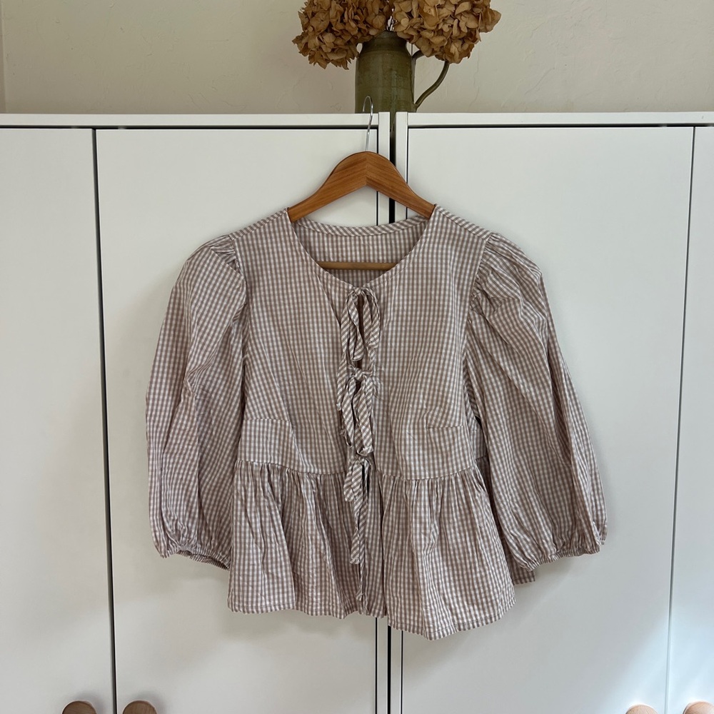 Gingham Peplum Tie-Front Blouse in Beige